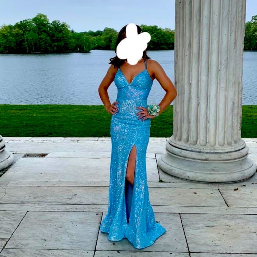 Sherri Hill Aqua Blue Sequin Prom Gown with Side Slit